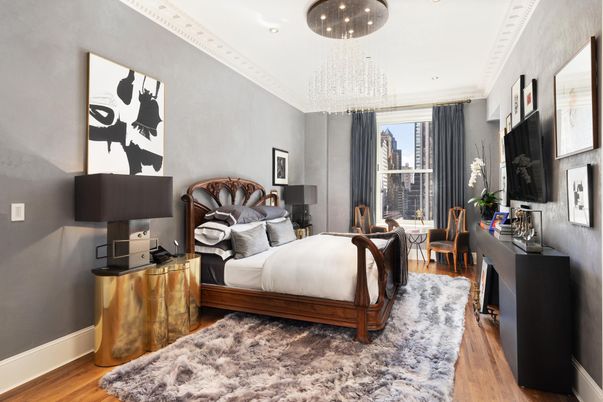 Bedroom, Chandelier, Interior, Recessed Lighting, Wood Texture Flooring