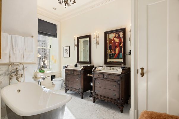 Bathroom, Dual Sink Vanities, Free Standing Baths, Interior, Marble, Recessed Lighting