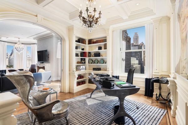 Chandelier, Home Office, Interior, Recessed Lighting, Wood Texture Flooring