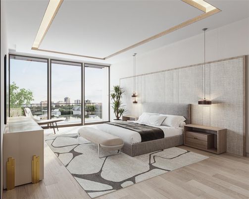 Bedroom, Interior, Pendant Lights, Wood Texture Flooring