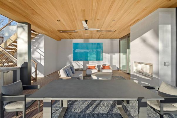 Fireplace, Interior, Living room, Recessed Lighting, Wooden Ceilings, Wood Texture Flooring