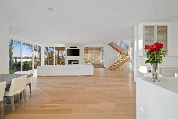 Dining room, Fireplace, Interior, Living room, Recessed Lighting, Wood Texture Flooring