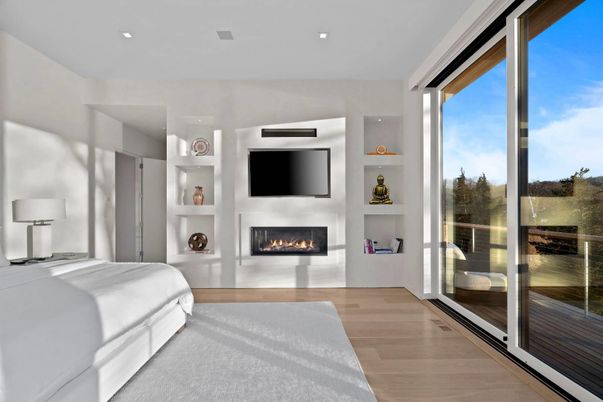 Bedroom, Fireplace, Interior, Recessed Lighting, Wood Texture Flooring