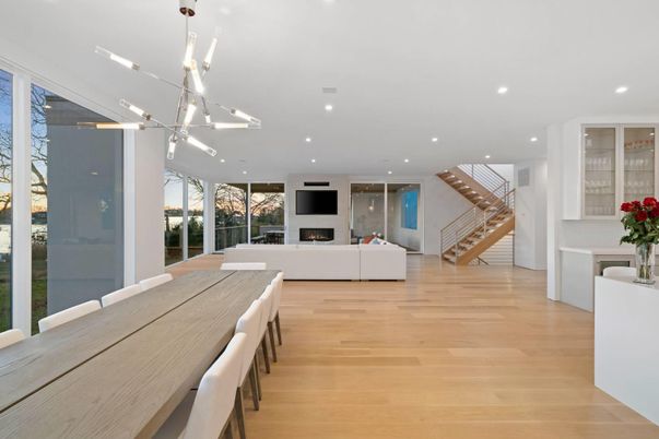 Dining room, Fireplace, Interior, Living room, Pendant Lights, Recessed Lighting, Wood Texture Flooring