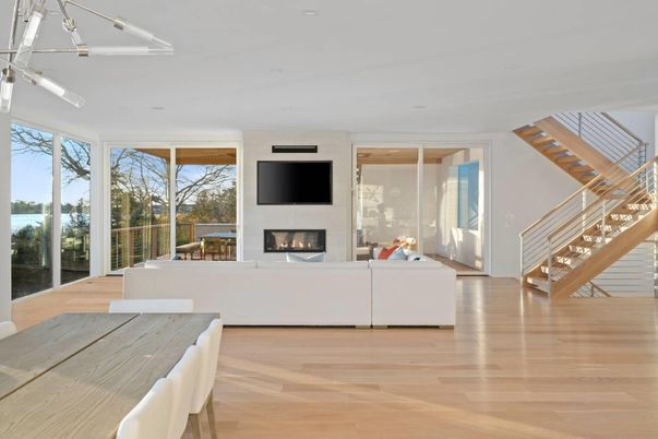 Dining room, Fireplace, Interior, Living room, Pendant Lights, Recessed Lighting, Wood Texture Flooring