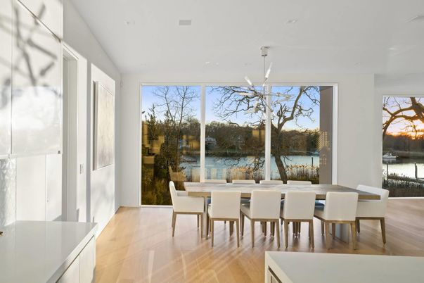 Dining room, Interior, Pendant Lights, Water, Wood Texture Flooring
