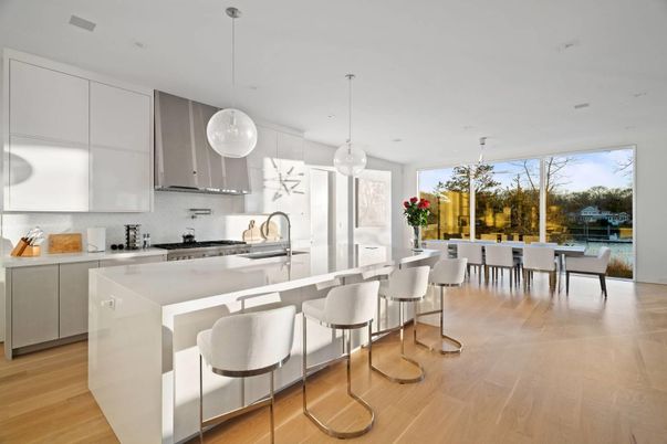 Dining room, Interior, Kitchen, Pendant Lights, Recessed Lighting, Wood Texture Flooring