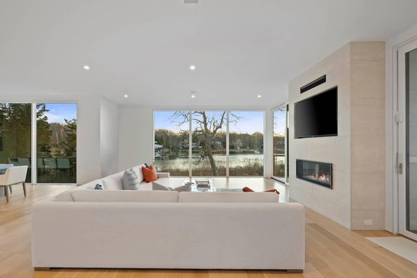 Fireplace, Interior, Living room, Recessed Lighting, Wood Texture Flooring