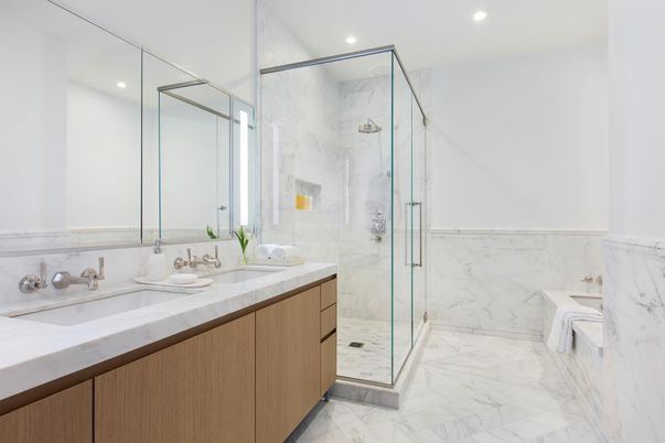 Bathroom, Dual Sink Vanities, Glass Shower, Interior, Marble, Marble Walls, Recessed Lighting