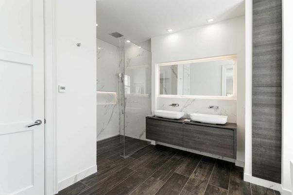 Bathroom, Glass Shower, Interior, Marble Walls, Recessed Lighting, Wood Texture Flooring
