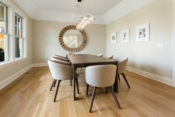 Dining room, Interior, Pendant Lights, Wood Texture Flooring