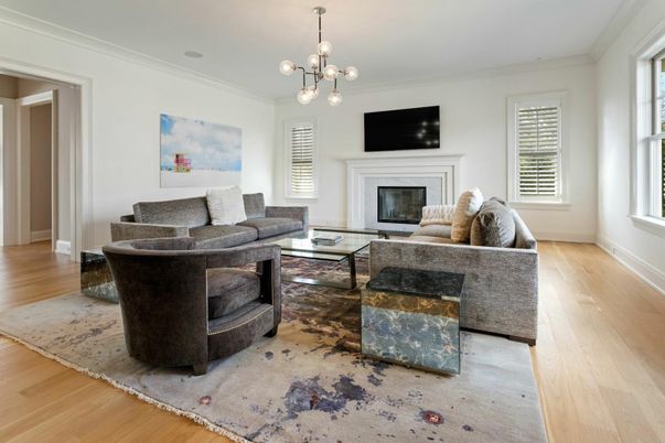 Fireplace, Interior, Living room, Pendant Lights, Wood Texture Flooring