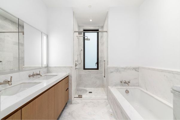 Bathroom, Dual Sink Vanities, Glass Shower, Interior, Marble, Marble Walls, Recessed Lighting