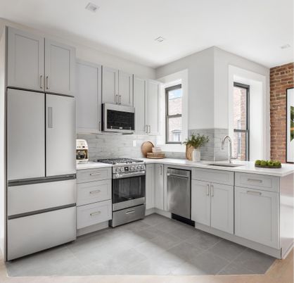 Interior, Kitchen, Recessed Lighting, Stainless Steel Appliances, Stone Walls