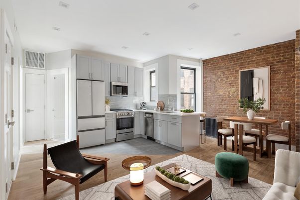 Dining room, Interior, Kitchen, Recessed Lighting, Stainless Steel Appliances, Stone Walls, Wood Texture Flooring