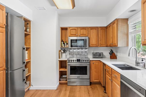 Interior, Kitchen, Stainless Steel Appliances, Wood Texture Flooring