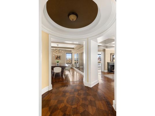 Dining room, Fireplace, Interior, Pendant Lights, Wood Texture Flooring
