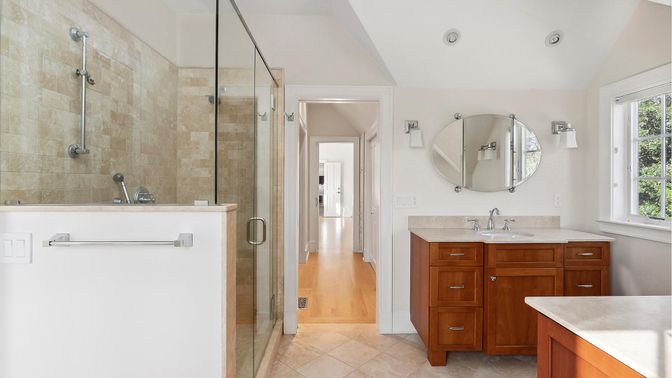 Bathroom, Glass Shower, Interior, Recessed Lighting, Wood Texture Flooring