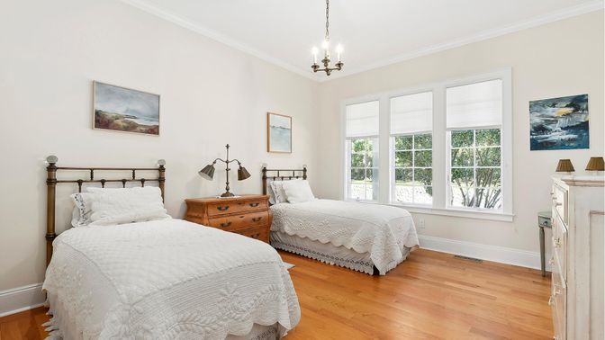 Bedroom, Interior, Pendant Lights, Wood Texture Flooring