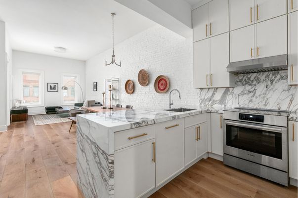 Interior, Kitchen, Marble Walls, Stainless Steel Appliances, Wood Texture Flooring