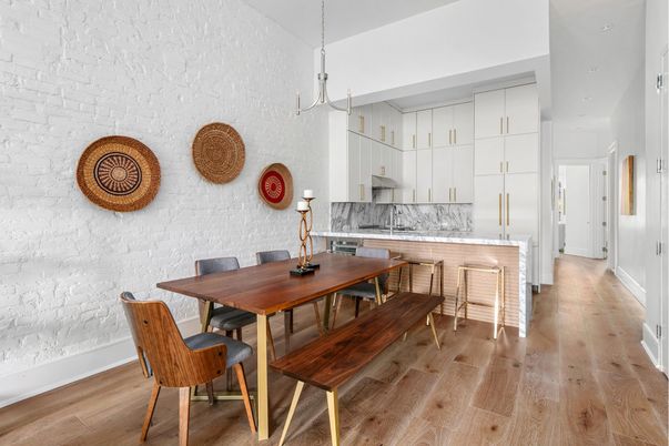 Dining room, Interior, Kitchen, Pendant Lights, Stone Walls, Wood Texture Flooring