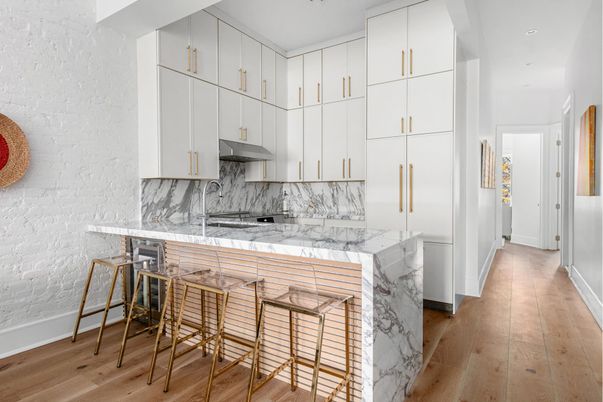 Interior, Kitchen, Marble Walls, Recessed Lighting, Wood Texture Flooring
