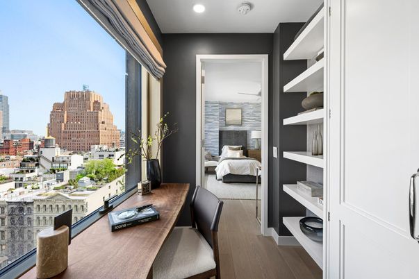 Bedroom, Interior, Recessed Lighting, Wood Texture Flooring