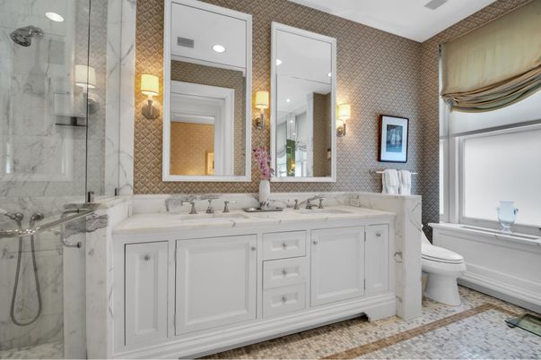 Bathroom, Dual Sink Vanities, Glass Shower, Interior, Marble Walls, Recessed Lighting