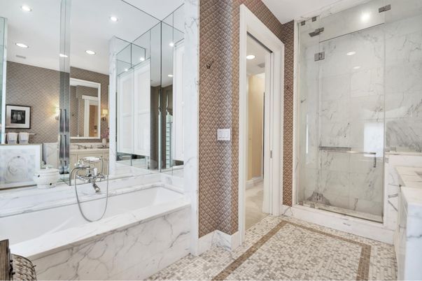 Bathroom, Glass Shower, Interior, Marble Walls, Recessed Lighting