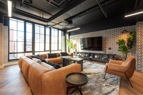 Interior, Living room, Recessed Lighting, Stone Walls, Wood Texture Flooring