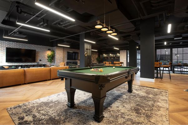 Billiard Table, Game Room, Interior, Pendant Lights, Stone Walls, Wood Texture Flooring