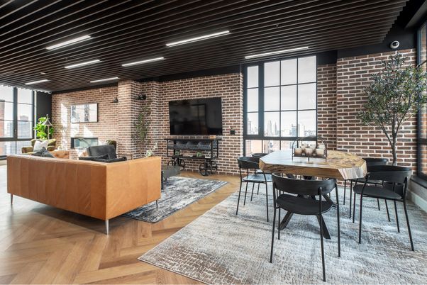 Dining room, Interior, Living room, Recessed Lighting, Stone Walls, Wood Texture Flooring