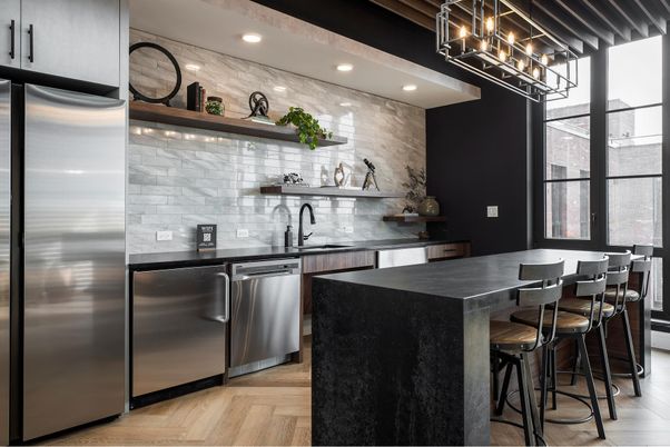 Interior, Kitchen, Recessed Lighting, Stainless Steel Appliances, Wood Texture Flooring
