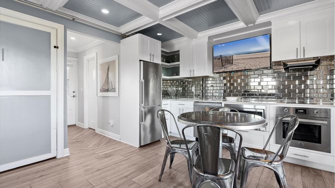 Interior, Kitchen, Recessed Lighting, Stainless Steel Appliances, Wood Texture Flooring