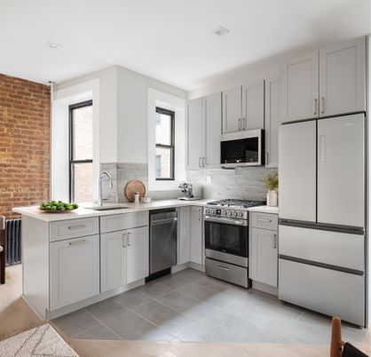 Interior, Kitchen, Recessed Lighting, Stainless Steel Appliances, Stone Walls