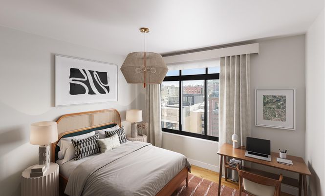 Bedroom, Interior, Pendant Lights, Wood Texture Flooring