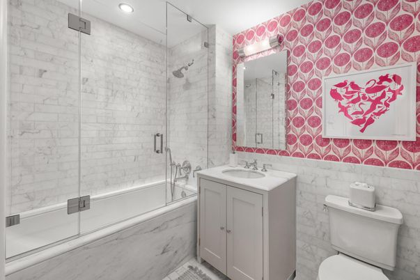 Bathroom, Glass Shower, Interior, Marble Walls, Recessed Lighting