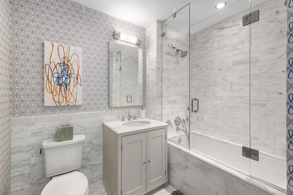 Bathroom, Glass Shower, Interior, Marble, Marble Walls, Recessed Lighting