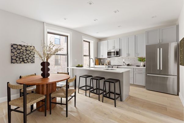Dining room, Interior, Kitchen, Recessed Lighting, Stainless Steel Appliances, Wood Texture Flooring