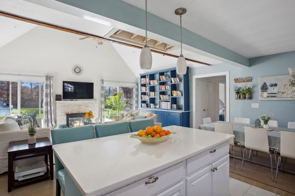 Dining room, Fireplace, Interior, Kitchen, Pendant Lights, Wood Texture Flooring