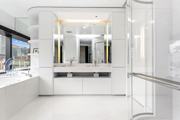 Bathroom, Dual Sink Vanities, Interior, Pendant Lights, Recessed Lighting