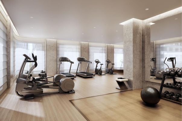 Fitness Equipment, Gym, Interior, Recessed Lighting, Wood Texture Flooring
