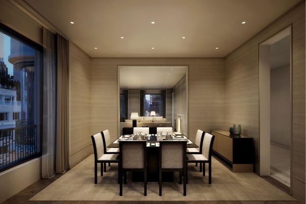 Dining room, Interior, Recessed Lighting, Wood Texture Flooring