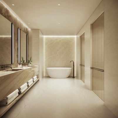 Bathroom, Dual Sink Vanities, Free Standing Baths, Interior, Marble, Recessed Lighting