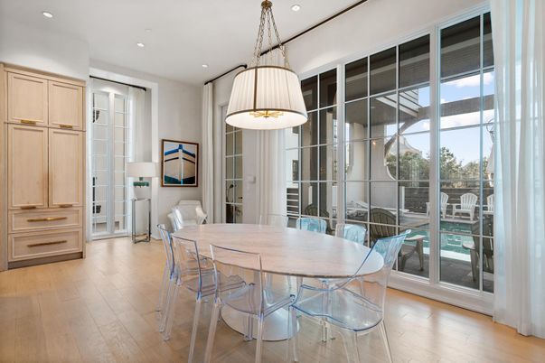 Dining room, Interior, Pendant Lights, Recessed Lighting, Wood Texture Flooring