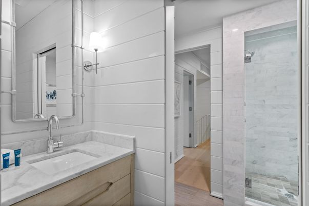 Bathroom, Glass Shower, Interior, Marble Walls, Wood Texture Flooring