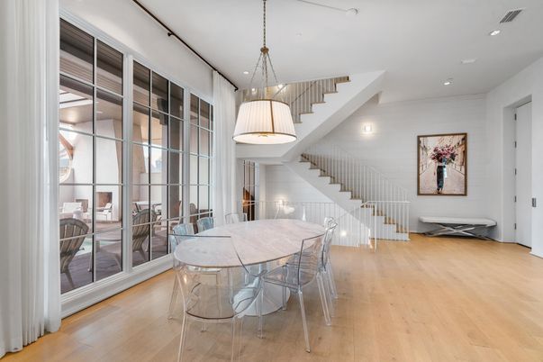 Dining room, Interior, Pendant Lights, Recessed Lighting, Wood Texture Flooring