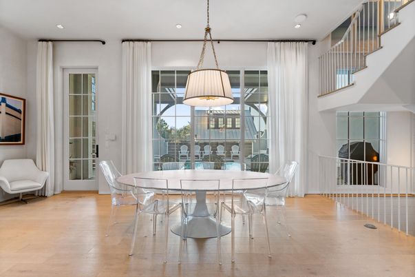 Dining room, Interior, Pendant Lights, Recessed Lighting, Wood Texture Flooring