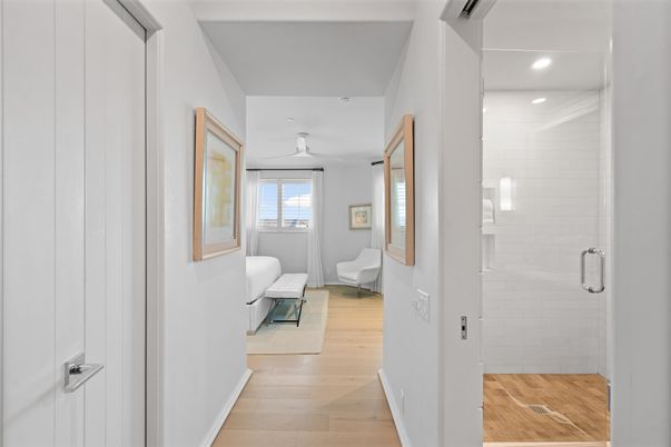 Bathroom, Glass Shower, Interior, Recessed Lighting, Wood Texture Flooring