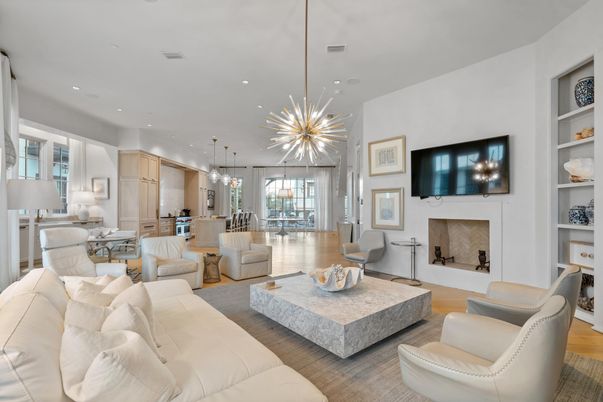 Dining room, Fireplace, Interior, Living room, Pendant Lights, Recessed Lighting, Wood Texture Flooring